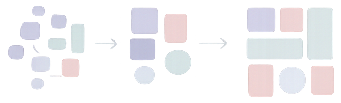 circles and squares arranged first in chaotic order then organized nicely